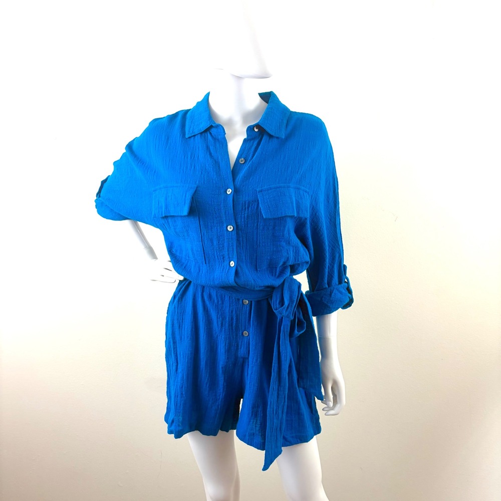 NWT VICI Blue Cotton Gauze Button Front Tie Waist Romper Shorts Sz M Long Sleeve
